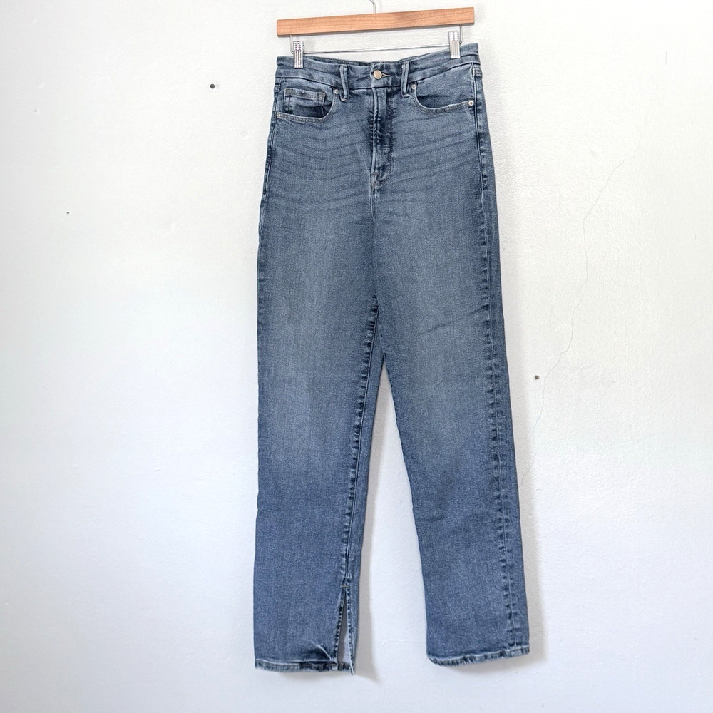 Good American Jeans Size 8/29 Good Boy Indigo Straight Leg Slits High Rise